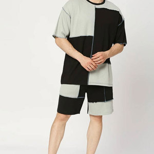 Econex Sports Men's Cotton Patchwork <b>Knitted</b> Breathable T-Shirt and Shorts <b>Set</b> Casual Summer Wear Black Gray Color Block Design - Product Image 2