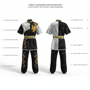 Uniforme de Artes Marciales MMA, Negro y Plateado, para Kung Fu y Wushu, con Bordado a Mano y Pedrería, Manga Corta, para Karate al Aire Libre - Product Image 2