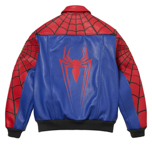 Chaqueta bomber de cuero PU con temática de Spider-Man para hombre, en rojo y azul con cierre de cremallera y cuello vuelto. - Product Image 3