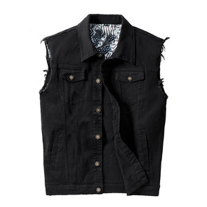 Gilet en jean noir pour homme, col rabattu, bords effilochés, coupe décontractée, veste sans manches légère pour l'automne - Product Image 1