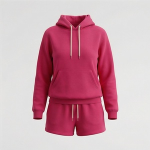 Conjunto de Sudadera con Capucha de 2 Piezas para Mujer, Color Sólido, Felpa, Corte Holgado Informal, Pantalones Cortos por Encima de la Rodilla con Bolsillo, para Todas las Temporadas - Product Image 1