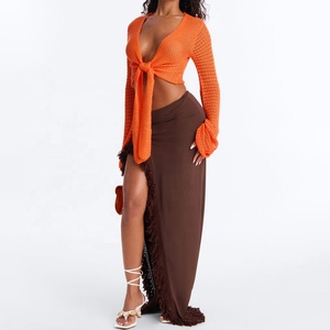 Cárdigan Corto de Mujer con Mangas Farol de Ganchillo Naranja, Cuello Redondo, con Lazo Delantero, Color Sólido, Tejido Fino, Estilo Veraniego - Product Image 5