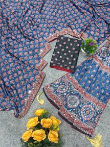 Premium Soft Chinon Silk Ankle-Length Wrinkle-Free Thread Sequins Embroidery Ajrakh Print Stylish Party Wear <b>Saree</b> Unstitched - Product Image 1