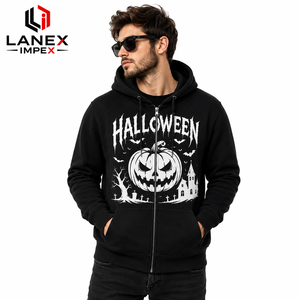 New Design Custom Halloween <b>Zip</b> Up Hoodie Men Black Fleece Sweatshirt Pumpkin Graphic Print <b>Hooded</b> Jacket OEM ODM Streetwear - Product Image 3