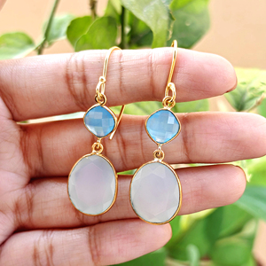 Aqua blue chalcedony briolette dangling <b>earrings</b> handmade bezel set dual stone <b>hook</b> <b>earrings</b> elegant gold plated crystal jewelry - Product Image 3