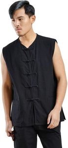 Best Quality Black And <b>White</b> Sleeveless <b>Men</b> Tank Top Mandarin Collar Knot Front <b>Vest</b> Casual Martial Arts Training Outerwear - Product Image 2