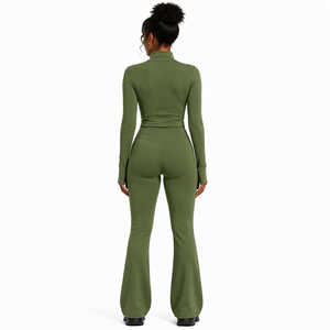 Conjunto de yoga para mujer ODM: Chaqueta corta con cremallera de manga larga y leggings acampanados de cintura alta para gimnasio, entrenamiento, ropa deportiva, correr al aire libre - Product Image 2