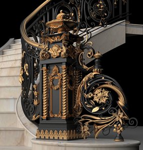 Barandillas de Escalera Modernas de Hierro Fundido KHP con Detalles Dorados Ornamentales, Resistentes al Óxido, Montadas en el Suelo para Uso en Escaleras Interiores, Garantía de 3 Años - Product Image 1