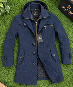 Manteau long en laine bleue pour homme avec capuche, col à revers cranté, double boutonnage, fermeture éclair, trench-coat - Product Image 6