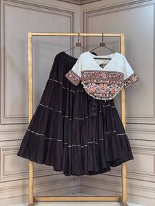 Women Ethnic Cotton Midi <b>Dress</b> Set Embroidered Black Top Cream <b>Tiered</b> Skirt Loose Fit Casual Wear Quick Dry All Season India - Product Image 2