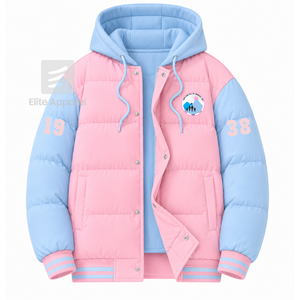 Chaqueta acolchada personalizada Jack & Jill of America con logo bordado en la parte delantera, color rosa y azul claro, manga larga, para mujer. - Product Image 1