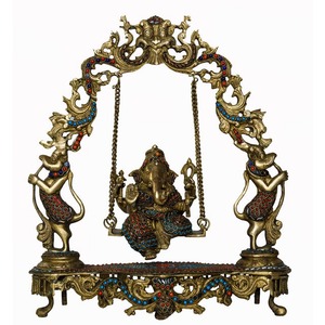 Best Selling Traditional Brass Ganpati Sculpture with Swing Jhula for <b>Mandir</b> Decoration or Festive Celebration for Sale - Product Image 4