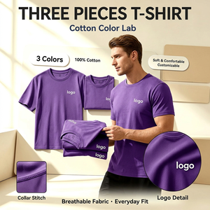 Lot de trois t-shirts en coton pour homme, couleur unie, col rond, manches courtes, respirant, décontracté, personnalisable avec logo imprimé sur le devant - Product Image 2