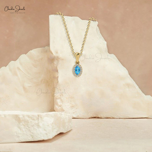 Colgante de Topacio Azul Suizo Genuino de 5x3mm en Oro Sólido de 14k con Diamantes Blancos I1-I2, Joyería para Mujer, Proveedor Mayorista Directo - Product Image 6