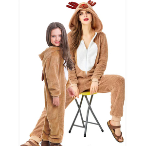 Combinaison polaire à capuche marron pour femme, motif renne, coupe droite, tenue décontractée d'hiver, une pièce - Product Image 4