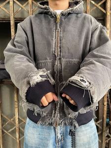Men's Grey Acid Wash Zip Up <b>Hoodie</b> Oversized Distressed <b>Grunge</b> Streetwear Jacket - Product Image 2