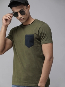T-shirt décontracté pour homme en coton 100% biologique, col en V sans col, manches courtes, couleur unie, vert olive, tricoté, ODM, vêtements d'été - Product Image 1