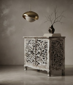 Buffet ancien en bois massif blanc vieilli, sculpté, avec rangement, pour salle à manger et salon - Product Image 2