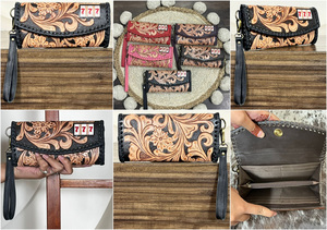 New Arrival 2026 Clutch with Hand Tooled Floral Tooling & 777 Machine Slot Cowhide Leather Clutch Luxury Design <b>Wristlet</b> Purses - Product Image 3