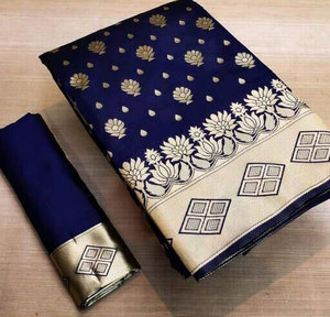 Sari de seda azul marino para mujer con borde floral dorado, ropa étnica tradicional para bodas y fiestas. - Product Image 2
