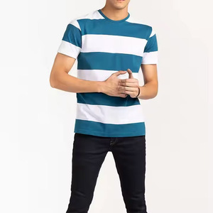 Camiseta personalizada a rayas de verano, camiseta a rayas sublimada, camiseta deportiva con cuello redondo para hombre, camiseta de algodón con líneas azul marino y blancas. - Product Image 1