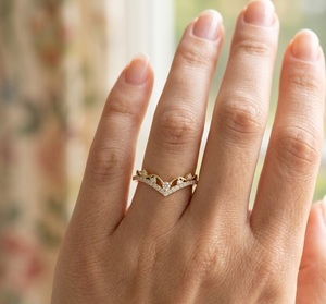 Vintage 14K Solid Gold Lab Grown Diamond <b>V</b> Shape Curved Chevron Wedding Band Wishbone Ring <b>Crown</b> Stacking Ring Anniversary Gift - Product Image 4