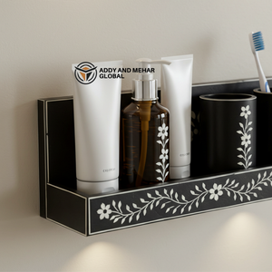 Estante de tocador moderno con incrustaciones de hueso negro, juego de baño decorativo montado en la pared, estante de baño de diseño con incrustaciones de hueso negro - Product Image 5