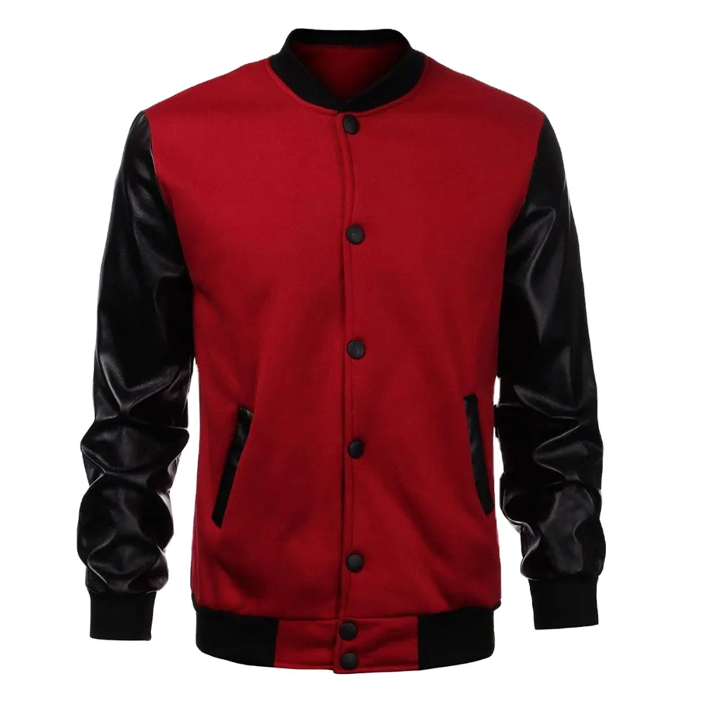 Cool Men Wine Red Baseball Jacket Autumn Fashion Slim Black Sleeve Bomber Jacket Men Brand Varasity Jackets