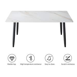 Table à manger rectangulaire moderne 55x27,5 pouces avec plateau en pierre frittée blanche et pieds en métal noir, table à manger en ardoise haute dureté - Product Image 3