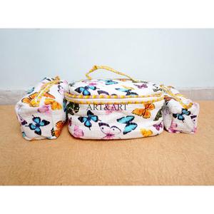 3-Piece Eco-Friendly Quilted Indian Cotton Print Zipper Closure for Bags Cosmetic <b>Cases</b> Set for Travel Makeup Organization - Product Image 1