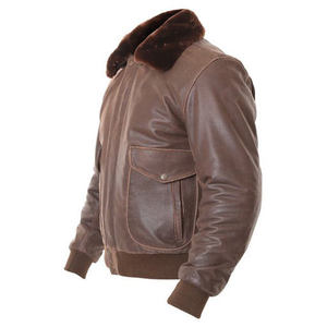 Blouson aviateur en cuir véritable pour homme avec col en fourrure, coupe-vent, style motard, épais, coupe classique - Product Image 6