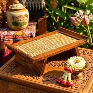 Plateau de service rectangulaire en bois et bambou tressé, fait main et peint à la main, design rustique asiatique zen, compatible lave-vaisselle, idéal pour les fêtes - Product Image 4