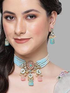 Ensemble collier et boucles d'oreilles en alliage plaqué or avec zircon et perles, bijoux ethniques de mariage pour femmes, design floral - Product Image 2
