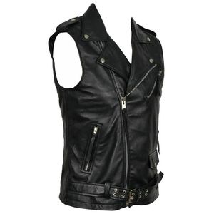 <b>Men's</b> <b>Black</b> Denim Leather Moto <b>Vest</b> V-neck Collar Regular Length Outerwear Garment Dyed High Street Quick Dry Breathable Winter - Product Image 3