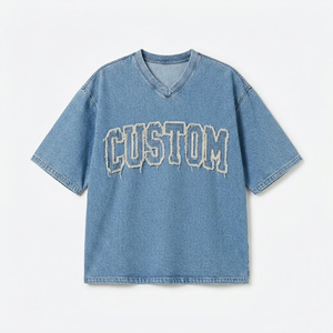 T-shirt col en V personnalisé délavé à l'acide, coupe oversize en coton, broderie vintage usée, style streetwear, vente en gros OEM - Product Image 1