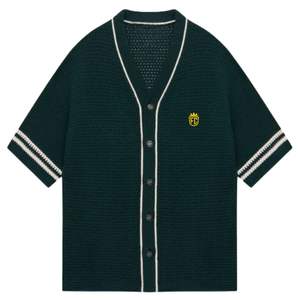 Chemise de baseball en tricot crocheté pour homme, manches courtes, boutonnée, bordure rayée, décontractée, tricot d'été, vente en gros OEM - Product Image 5