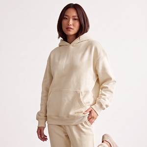 custom womens beige cream pullover hoodie front pouch pocket plain blank heavyweight fleece drop shoulder relaxed fit <b>tops</b> - Product Image 3