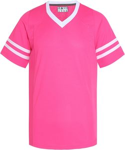 <b>Pink</b> V-Neck Short Sleeve Sport Jersey With White Stripes Quick Dry Polyester Casual <b>Shirt</b> Summer Wear - Product Image 1