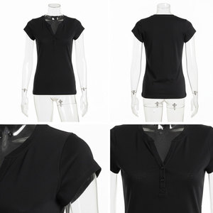T-shirt en molleton tricoté noir à col rond et manches courtes pour femme, coupe classique, décontracté, respirant, 100 % coton, longueur normale, boutons sur le devant - Product Image 4
