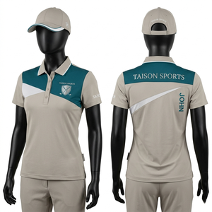 เสื้อโปโลทีมหญิงคุณภาพสูง 240 GSM ผ้าโพลีเอสเตอร์ระบายอากาศได้ดี สีเขียวอมฟ้า-เบจ บริเวณแผงไหล่ พร้อมสกรีนโลโก้ตามสั่ง - Product Image 1