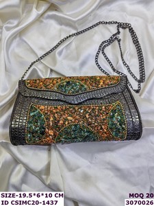 Handmade Stone Chip Embellished Craftstages International Clutch Purse Metal Chain | Designer Evening <b>Wedding</b> Party <b>Handbag</b> - Product Image 3