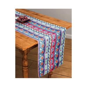 Modern Striped Durable Eco Crafted Cotton <b>Table</b> <b>Runner</b> Washable Home Dining Decor 33x180 Cm Woven Beige Blue Yellow Pattern - Product Image 4