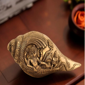 Intricately carved vintage brass shankh displaying detailed artwork, ideal for gift, available at wholesale prices. - Product Image 5