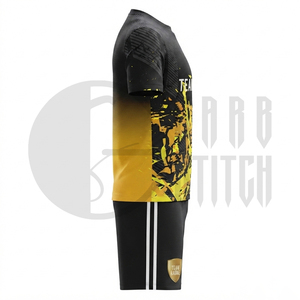 Ensemble short et maillot de football personnalisé sublimé, anti-humidité, noir et or, uniforme d'équipe, taille élastique, tenue de sport pour l'entraînement - Product Image 2