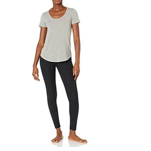 T-shirt gris à col rond et manches courtes pour femme, couleur unie, décontracté, respirant, tricoté, longueur normale, mélange coton et élasthanne - Product Image 2