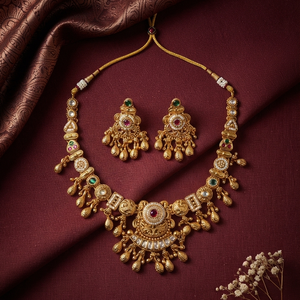 Traditional Antique Finish Gold Brass Artificial Floral Ethnic Necklace Set Matching Drop Earrings for Women Wedding Party - Product Image 5