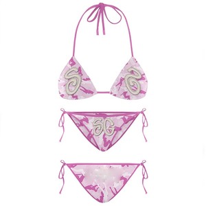 Premium 200 GSM polyester spandex <b>bikini</b> <b>set</b> <b>pink</b> camo print panel design tie side embroidered logo Women <b>Bikinis</b> <b>Set</b> - Product Image 1
