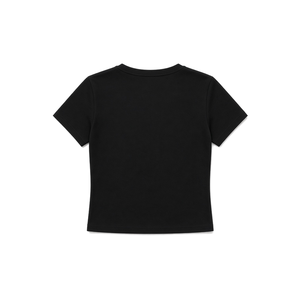 Top Corto Ajustado Negro para Mujer PDK con Logotipo de Letras Griegas Bordadas en Dorado, Manga Corta, Cuello Redondo, Informal para Mujer - Product Image 4
