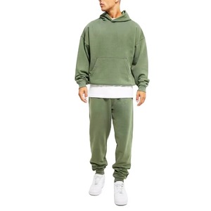 Ensemble de survêtement pour homme vert olive à capuche, manches longues, couleur unie, coupe décontractée, polyester/coton, extensible dans quatre directions, léger - Product Image 1