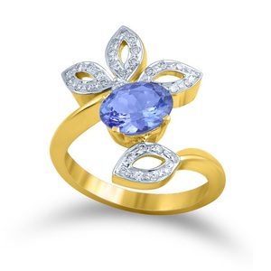 Elegante Anillo Ovalado con Hojas Florales en Color Azul Zafiro, con Detalles de Lujo Inspirados en el Zafiro Azul, Diseño Floral en Oro - Product Image 1